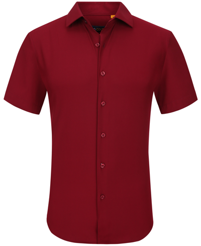 Suslo Couture Men's Slim Fit Performance Short Sleeves Solid Button Down Shirt In Burgundy