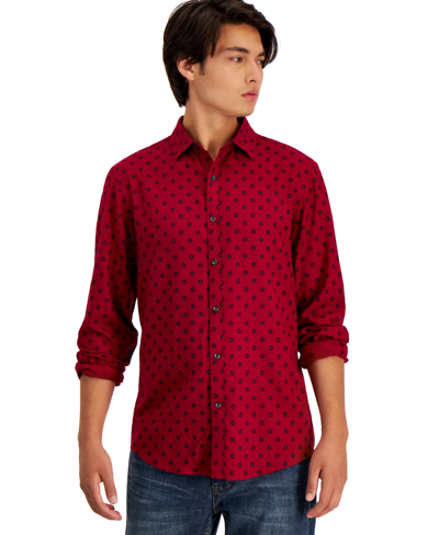 Alfani Men's Long-sleeve Paloma Medallion-print Shirt, Created For Macy's In Red Heather Combo