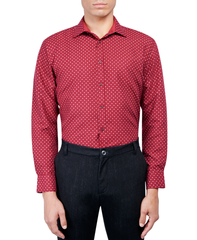 Calabrum Men's Regular Fit Micro Geo Print Wrinkle Free Performance Dress Shirt In Red