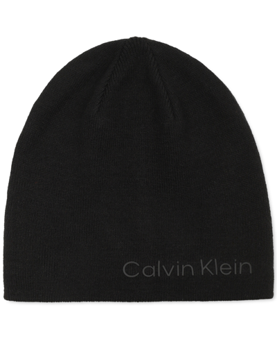 Calvin Klein Men's Tweed Logo 2-in-1 Reversible Beanie In Black