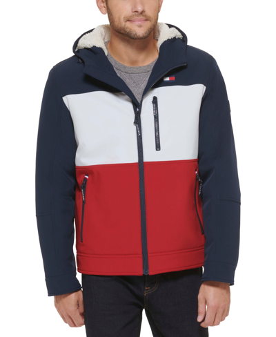Tommy Hilfiger Men's Sherpa-lined Softshell Hooded Jacket In Mid,ice,red Combo (muf)