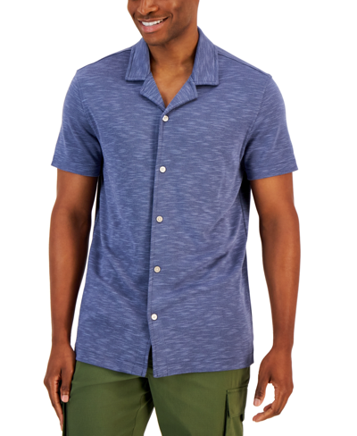Alfani Men's Slub Pique Textured Short-sleeve Camp Collar Shirt, Created For Macy's In Neo Navy
