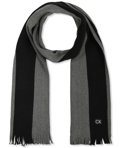 Calvin Klein Men's Thick Wool Blend Side Stripe Logo Scarf In Grey