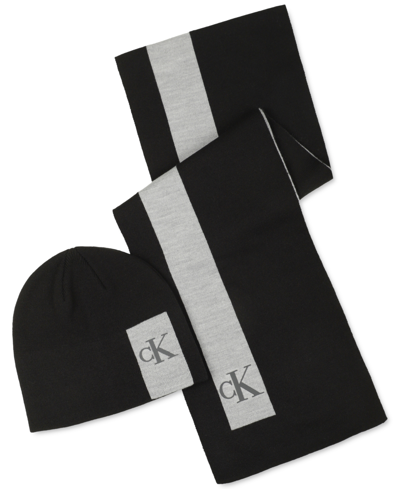Calvin Klein Men's Silicone Ck Monogram Logo Scarf & Beanie Hat Set In Black