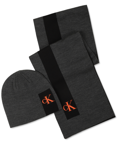 Calvin Klein Men's Silicone Ck Monogram Logo Scarf & Beanie Hat Set In Gunmetal Heather