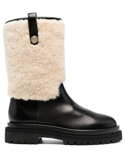Pollini Shearling-trim Leather Boots In Black