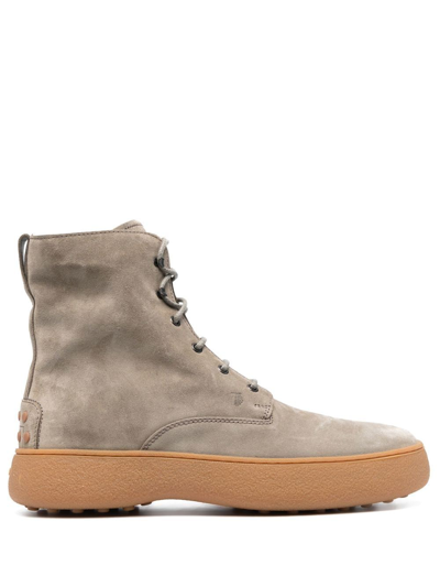 Tod's W.g. Lace-up Leather Boots In Grey