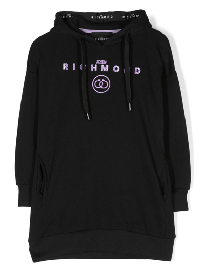 John Richmond Junior Kids' Sequin-logo Hooded Dress In Black