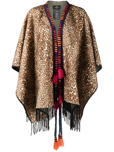 Etro Leopard Print Fringe Wool Poncho In Beige