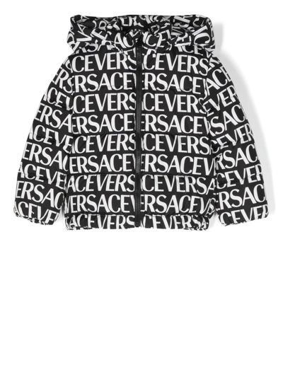 Versace Kids' Logo-print Zip-up Jacket In Nero+bianco