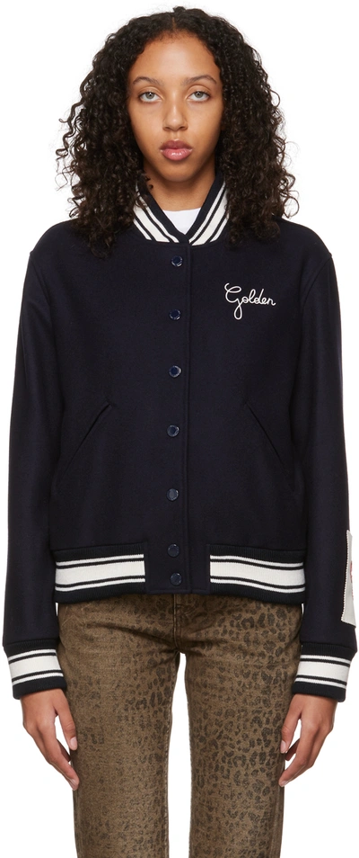 Golden Goose Embroidered-logo Baseball Jacket In Blue