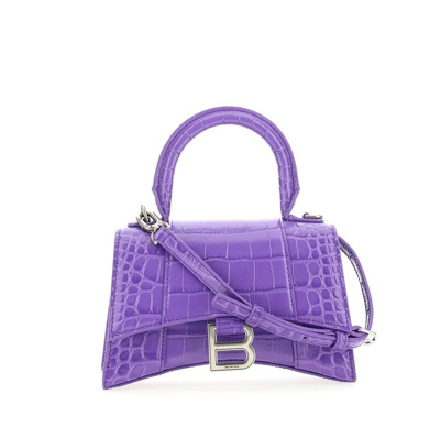 Balenciaga Xs Hourglass Croc-embossed Leather Top Handle Bag In Purple