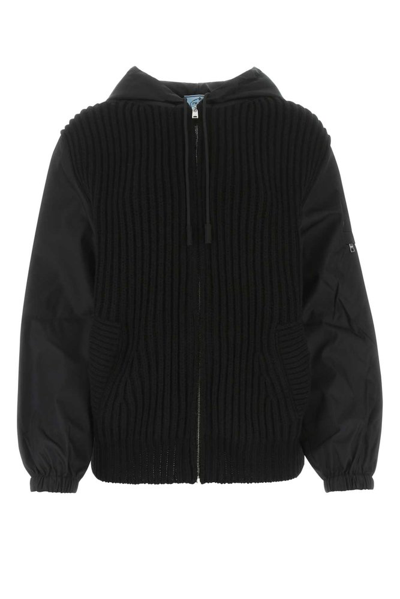 Prada Cashmere Zip Front Jacket With Re-nylon Sleeves In F0002 Nero