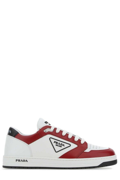 Prada Men's Avenue Bicolor Leather Low-top Sneakers In Bianco Scarlatto