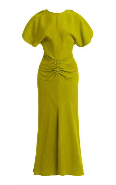 Victoria Beckham Split-sleeve Gathered-front Woven Midi Dress In Parrot Green