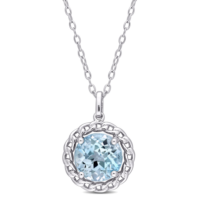Amour 3 1/2 Ct Tgw Sky Blue Topaz Halo Pendant With Chain In Sterling Silver In White