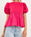 English Factory Mixed Media Puff Sleeve Top In Fuchsia In Pink