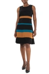 Nina Leonard Sleeveless Jewel Neck Colorblock Dress In Black/ Cognac/ Deep Dive