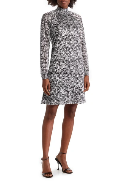 Nina Leonard Smock Neck Float Foiled Print Trapeze Cocktail Dress In Black/ Silver