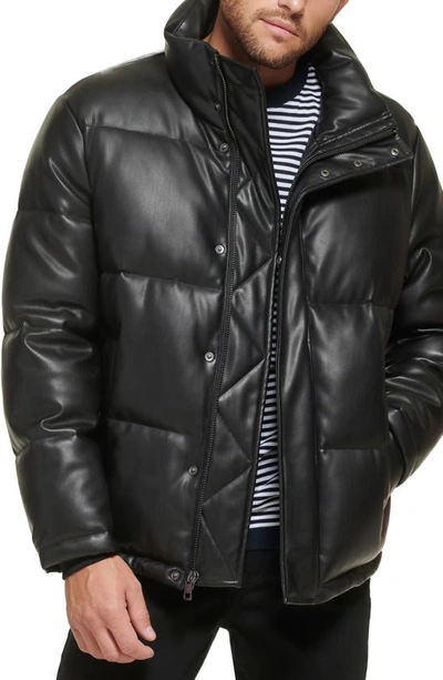 Calvin Klein Men's Mock Neck Faux Leather Puffer Jacket In Black