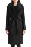 Sofia Cashmere Belted Genuine Shearling Trim Coat In Black