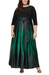 Sl Fashions Three-quarter Sleeve Jersey Bodice Ombré Satin A-line Gown In Black,green