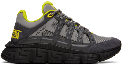 Versace Trigreca Sneakers In Grey Suede And Leather