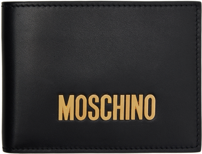 Moschino Logo Leather Billfold Wallet In Black,gold