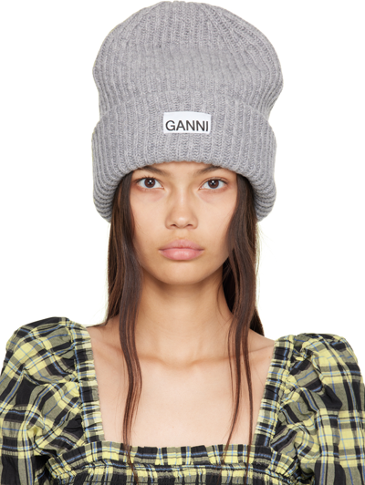 Ganni Gray Recycled Wool Beanie In 921 Paloma Melange