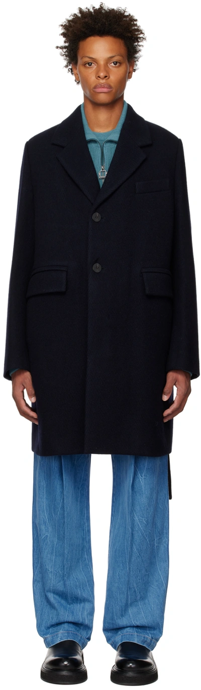 Wooyoungmi Navy Notched Lapel Coat In Navy 919n