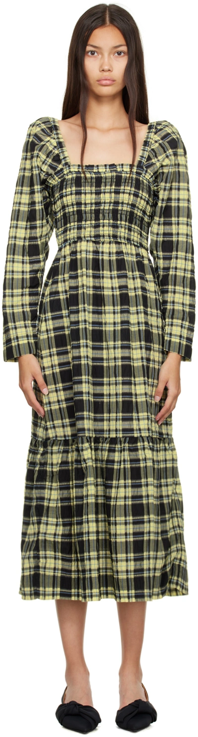 Ganni Long Sleeve Checkered Seersucker Maxi Dress In Check Elfin Yellow