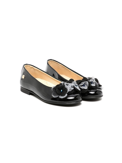 Andanines Kids' Floral-detail Leather Ballerina Shoes In Black