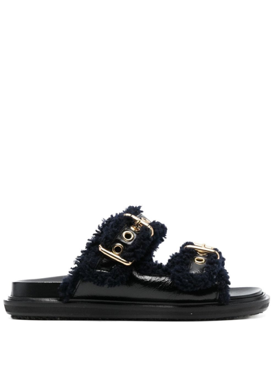 Marni Fussbett Leather And Shearling Sandals In Black
