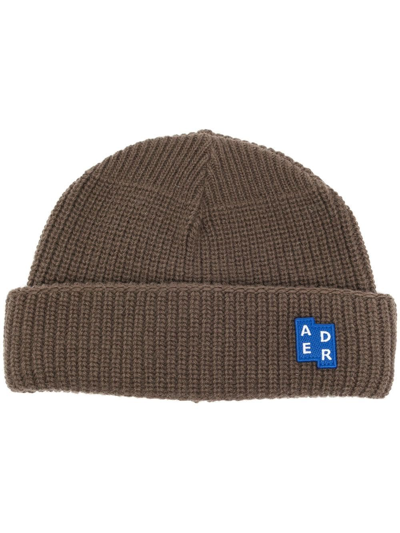 Ader Error Logo-patch Ribbed-knit Beanie In Brown