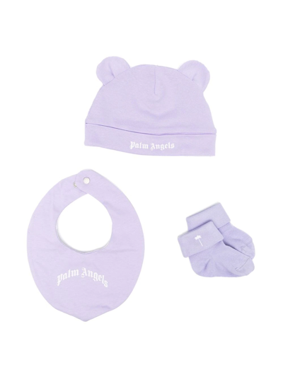 Palm Angels Babies' Animal-ear Logo-print Hat Set In Lilac White