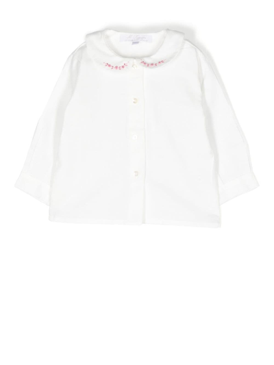 Mariella Ferrari Babies' Floral-embroidered Bib-collar Shirt In White