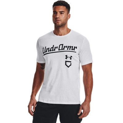 Under Armour Mens  Baseball Script Ss T-shirt In White/mod Gray