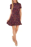 Shop Cece Godet Floral Tie Neck Cap Sleeve Shift Dress In Spiced Wine