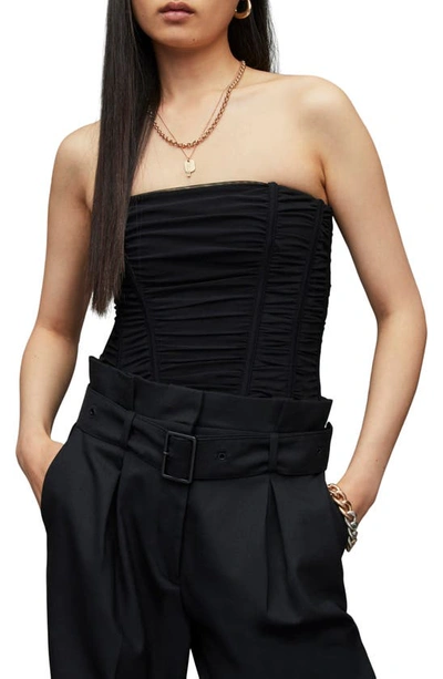 Allsaints Kym Ruched Strapless Corset Top In Black