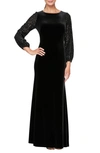 ALEX EVENINGS MIXED MEDIA SEQUIN & VELVET LONG SLEEVE GOWN