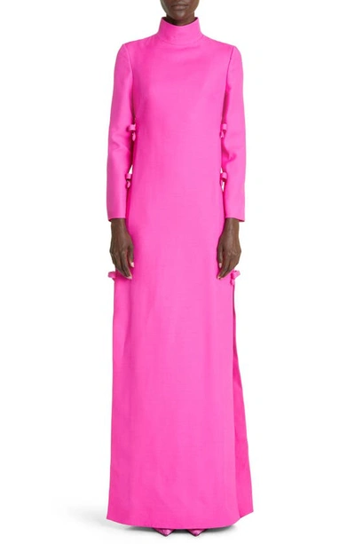 Valentino Bow Detail Long Sleeve Virgin Wool & Silk Gown In Pink
