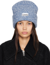 Ganni Structured Rib Wool Blend Beanie In Blue