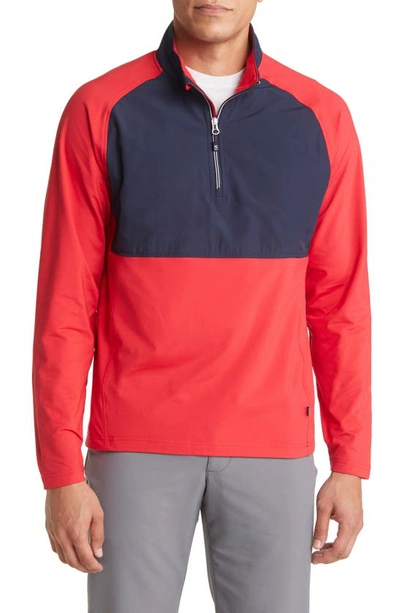 Cutter & Buck Adapt Quarter Zip Wind Resistant Knit Pullover In Red/ Navy Blue