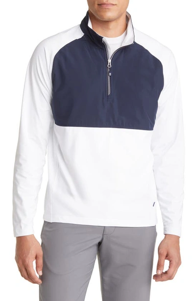Cutter & Buck Adapt Quarter Zip Wind Resistant Knit Pullover In White/ Navy Blue