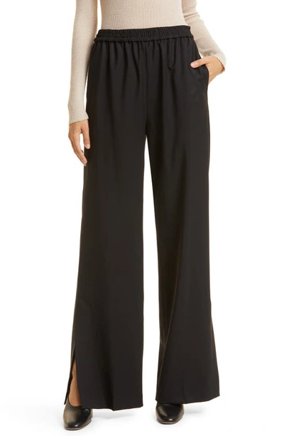 Argent Pull-on Wide Leg Stretch Wool Trousers In Black