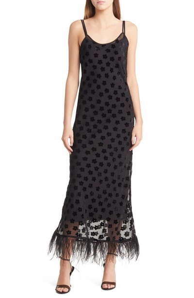 Charles Henry Feather Trim Slipdress In Black Daisies