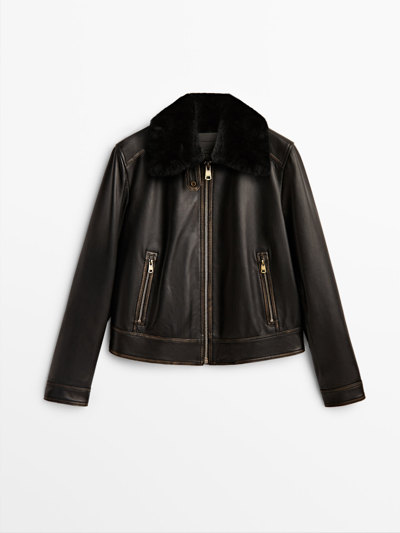 Massimo Dutti Nappa Leather Jacket With Detachable Sheepskin Collar In Black