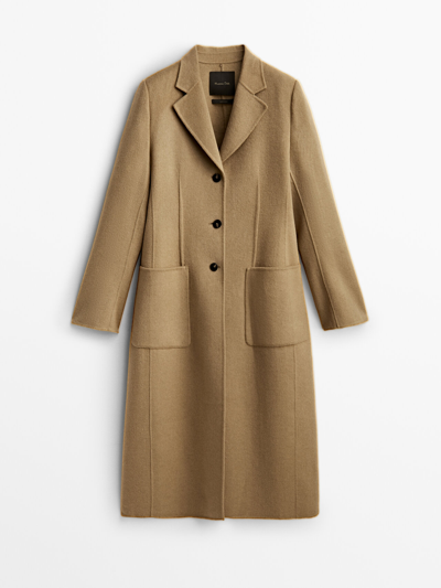 Massimo Dutti Long Wool Blend Coat With Shoulder Pads In Khaki Green