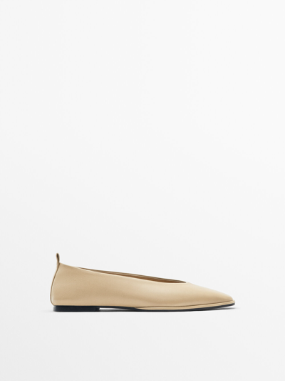 Massimo Dutti Square-toe Leather Ballet Flats In Blush-beige