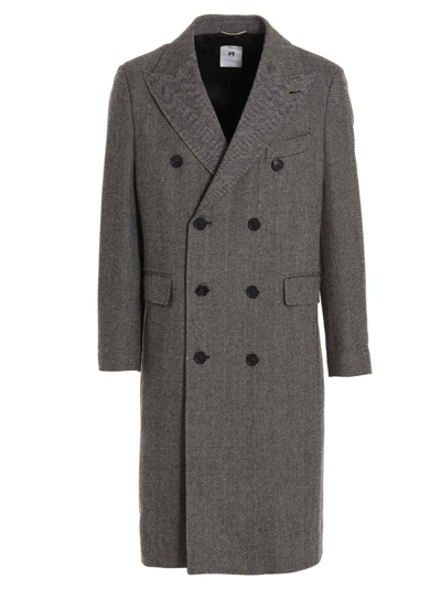 Pt01 Herringbone Tweed Long Coat In White/black